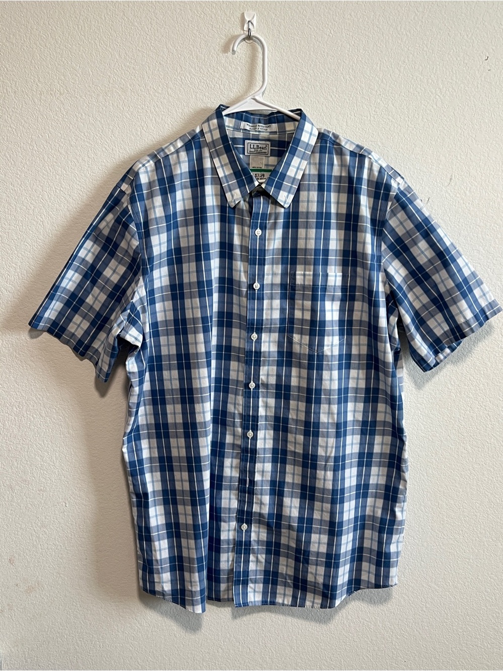 LL Bean Men’s Blue Plaid Short-Sleeve Button-Up Shirt XL-Tall